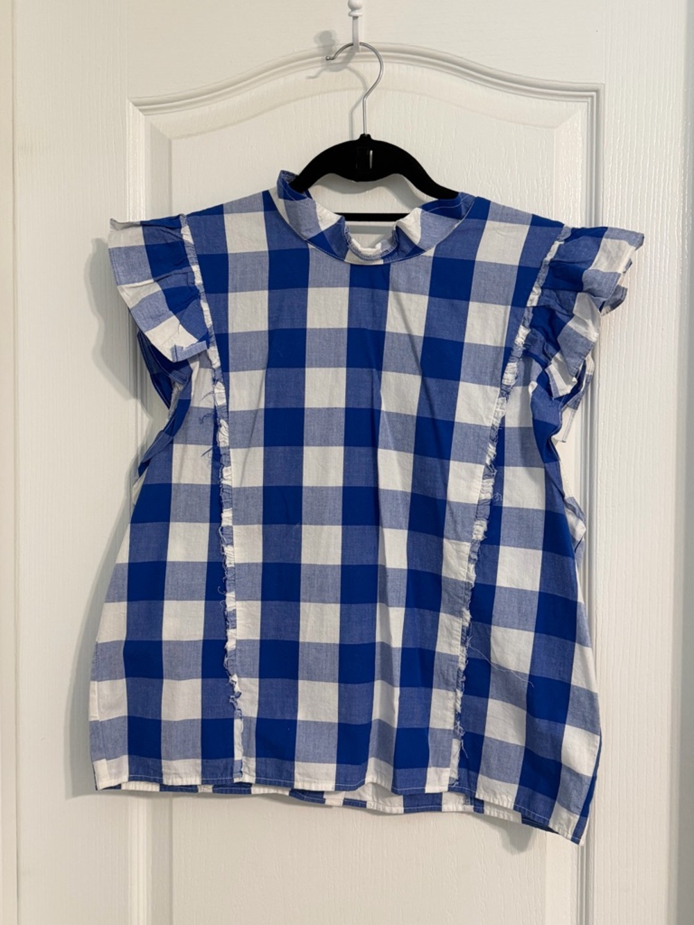 Anthropologie Whit Two Blue and White Gingham Ruffle Sleeve Cotton Blouse Sz L